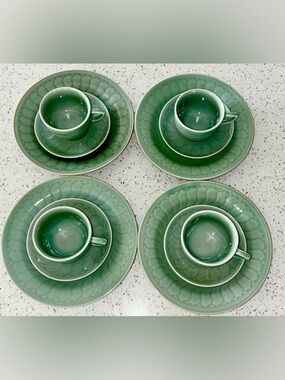 LONGQUAN 4 Sets Cups/Saucers/Desert Plates Vintage Celadon Koi Lotus Ceramic